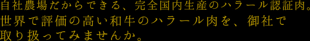 自社農場だからできる、完全国内生産のハラール認証肉。世界で評価の高い和牛のハラール肉を、御社で取り扱ってみませんか。